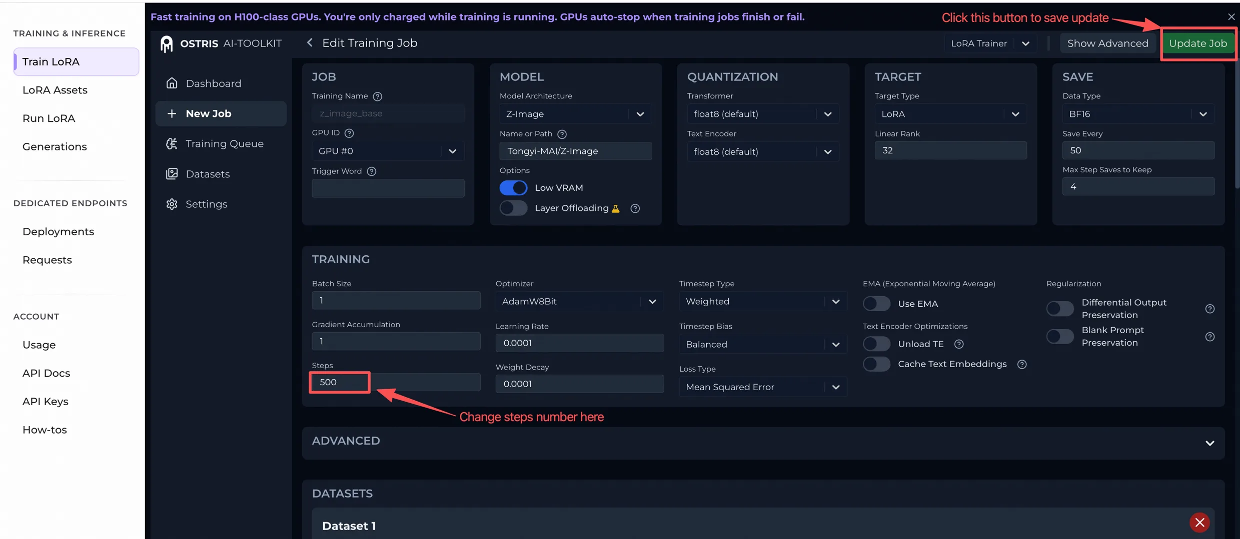 Update Steps in training job
