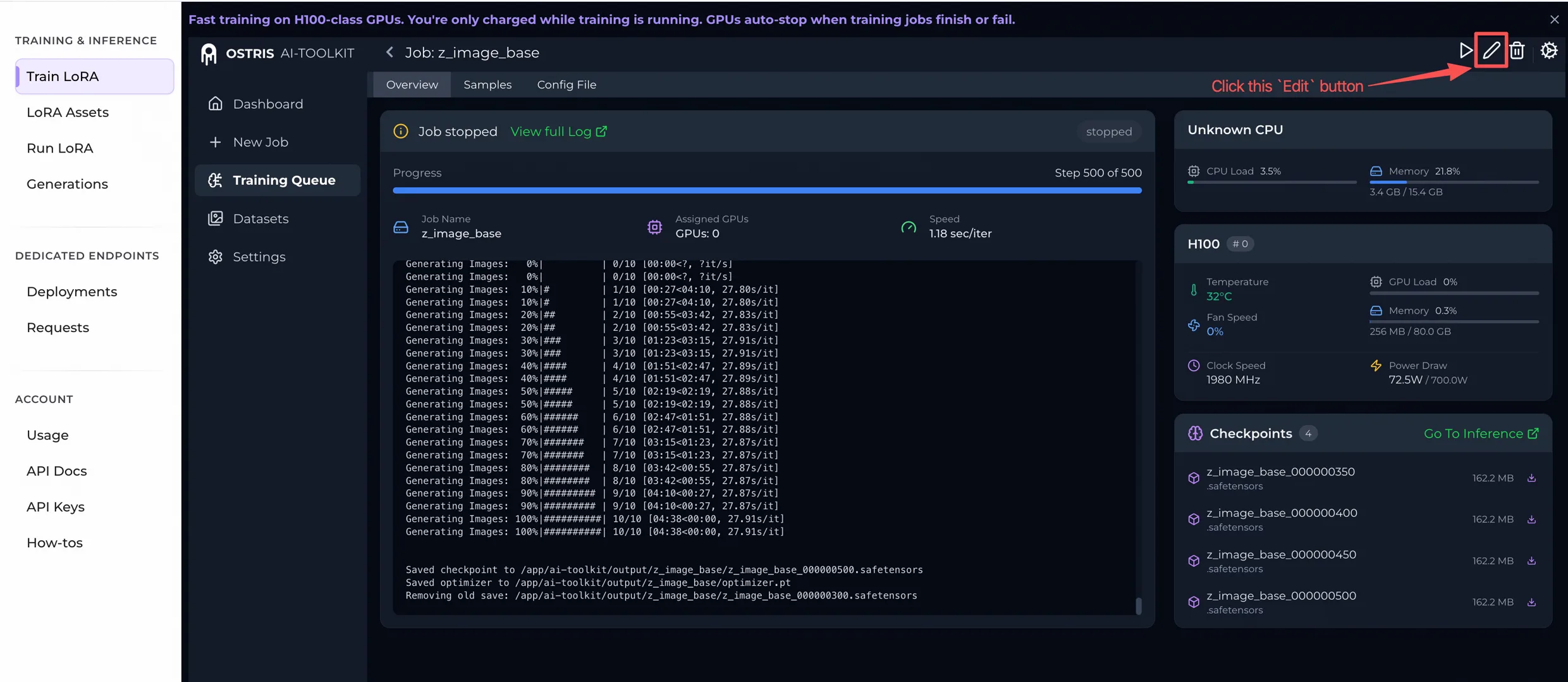 Edit button in training job