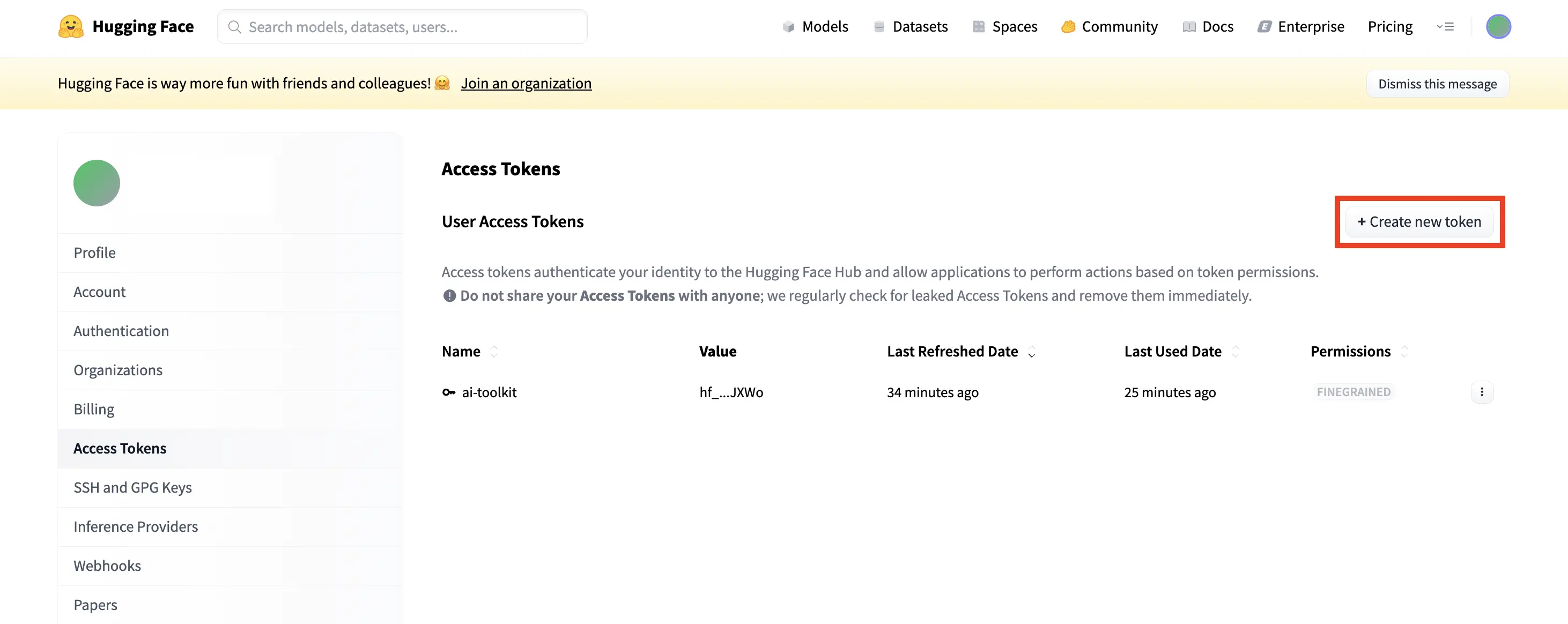 Create a new Hugging Face access token