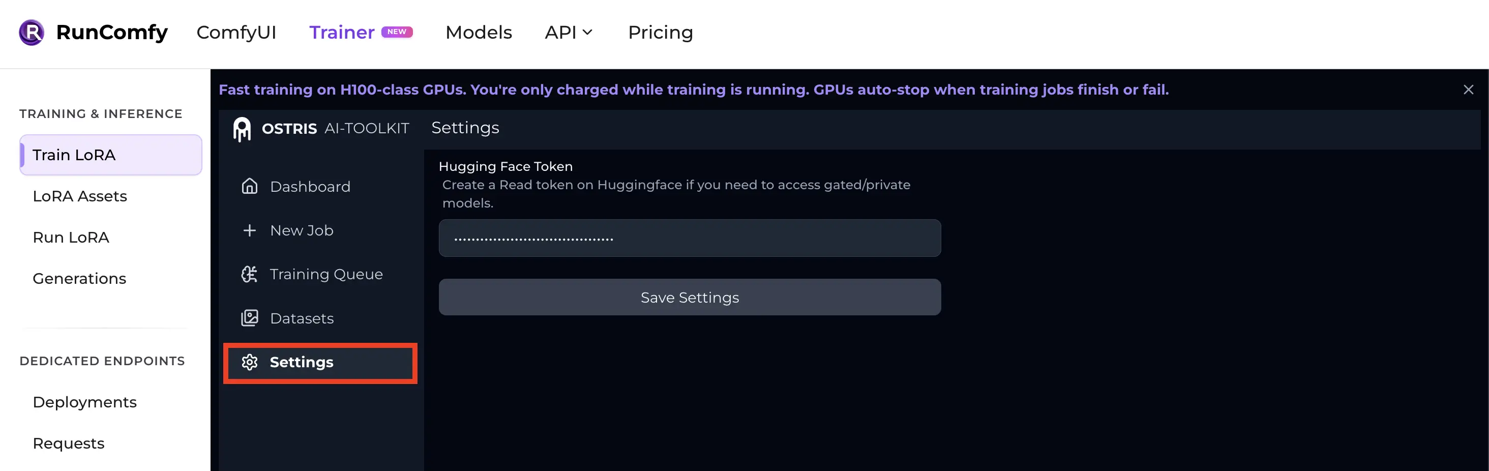 Paste the Hugging Face token in AI Toolkit settings