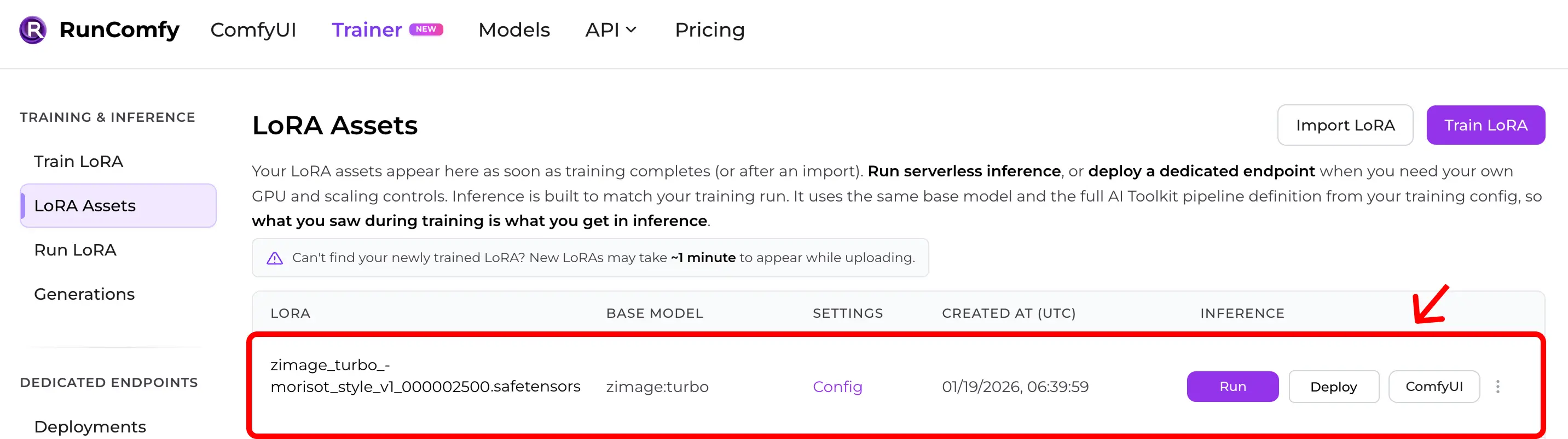 RunComFy Trainer — LoRA Assets list