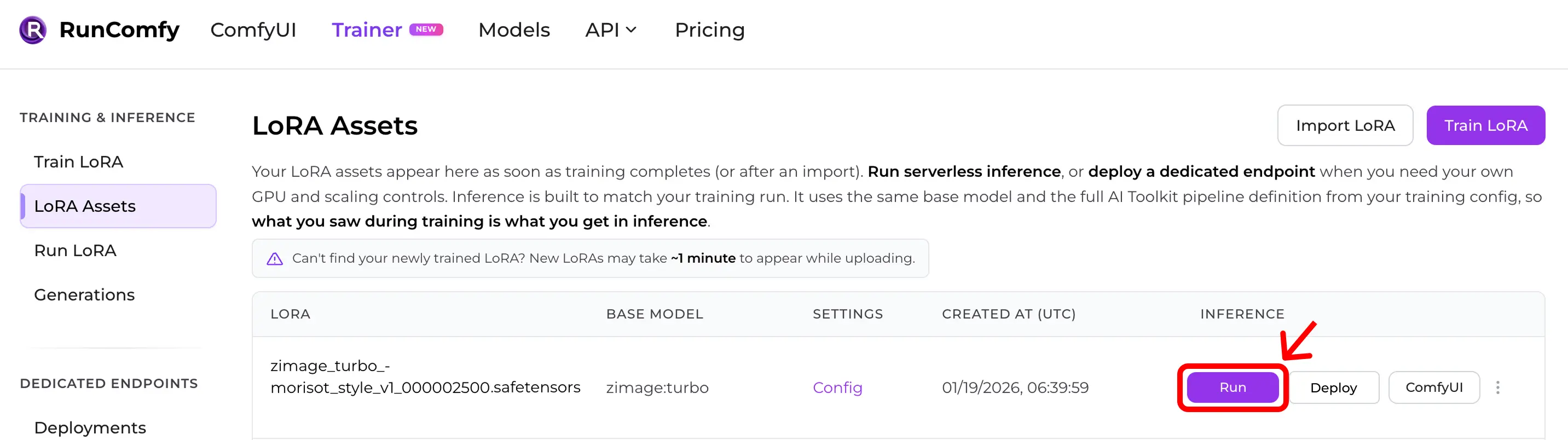 RunComFy Trainer — LoRA Assets list